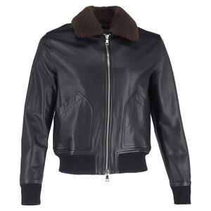 Mr. P. Shear Trim Zipped Bomber Jacket in Black Leather